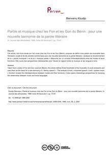 Parole et musique chez les Fon et les Gun du Bénin : pour une nouvelle taxinomie de la parole littéraire - article ; n°2 ; vol.58, pg 73-97