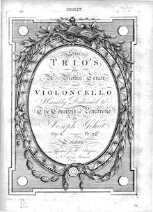 Partition violon, 6 corde Trios, Op.2, Six trios (sonatas) for a violin, tenor, and violoncello, op. II, by Joseph Gehot.