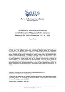 Les différences tolérables et intolérables dans la traduction tchèque des textes français : l exemple des bibliophilies entre 1945 et 1953