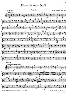 Partition cor 1 (en B♭ alto, E♭), Divertimento, Divertimento No.9