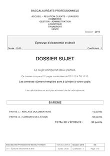 Baccalauréat Économie-Droit 2016 - Série professionnelles