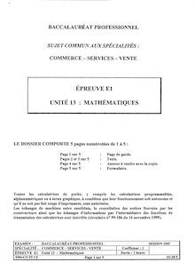 Mathématiques 2005 Bac Pro - Commerce