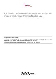 R. A. Hillman, The Richness of Contract Law —An Analysis and Critique of Contemporary Theories of Contract Law - note biblio ; n°4 ; vol.49, pg 1001-1002