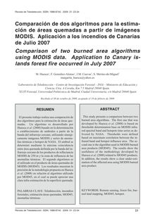 COMPARACIÓN DE DOS ALGORITMOS PARA LA ESTIMACIÓN DE ÁREAS QUEMADAS A PARTIR DE IMÁGENES MODIS. APLICACIÓN A LOS INCENDIOS DE CANARIAS DE JULIO 2007 (Comparison of two burned area algorithms using MODIS data. Application to Canary islands forest fire occurred in July 2007)
