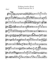 Partition hautbois 1, 2, violon Concerto No.4, D major, Mozart, Wolfgang Amadeus