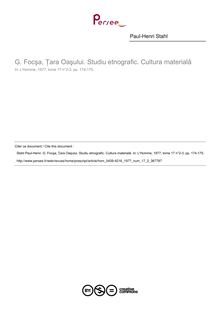 G. Foc?a, ?ara Oa?ului. Studiu etnografic. Cultura material?  ; n°2 ; vol.17, pg 174-175
