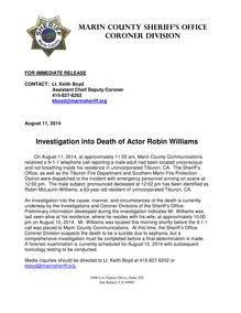 Mort de l acteur Robin Williams - Communiqué des autorités de Marin County