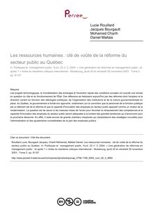 Les ressources humaines : clé de voûte de la réforme du secteur public au Québec - article ; n°3 ; vol.22, pg 81-97