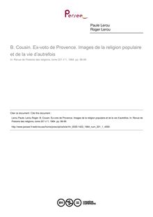 B. Cousin. Ex-voto de Provence. Images de la religion populaire et de la vie d’autrefois  ; n°1 ; vol.201, pg 98-99