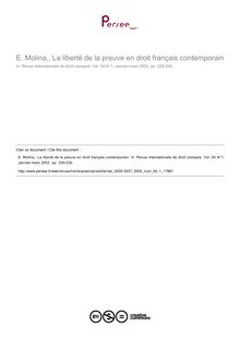 E. Molina,, La liberté de la preuve en droit français contemporain - note biblio ; n°1 ; vol.54, pg 229-230