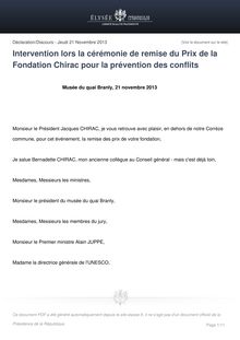 Intervention lors la cérémonie de remise du Prix de la Fondation Chirac pour la prévention des conflits
