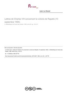 Lettres de Charles VIII concernant la victoire de Rapallo (10 septembre 1494). - article ; n°1 ; vol.55, pg 143-147