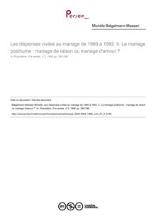 Les dispenses civiles au mariage de 1960 à 1992. II. Le mariage posthume : mariage de raison ou mariage d amour ? - article ; n°2 ; vol.51, pg 369-396