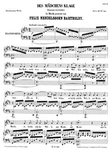 Partition complète, Des Mädchens Klage, WoO 23, Mendelssohn, Felix par Felix Mendelssohn
