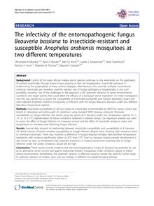 The infectivity of the entomopathogenic fungus Beauveria bassianato insecticide-resistant and susceptible Anopheles arabiensismosquitoes at two different temperatures