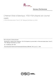 L Hetman Orlyk à Salonique, 1723-1724 (d après son Journal inédit) - article ; n°1 ; vol.27, pg 52-60