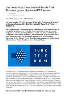 Las comunicaciones sostenibles de Türk Telecom ganan el premio IPRA Award