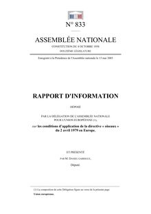 Rapport d information déposé par la Délégation de l Assemblée nationale pour l Union européenne sur les conditions d application de la directive oiseaux du 2 avril 1979 en Europe