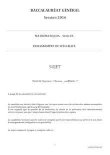 Baccalauréat Mathématiques 2016 - Série ES (spécialité)