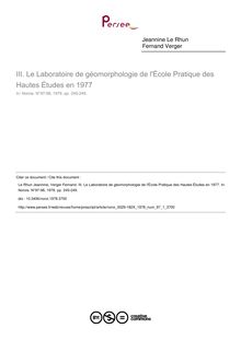 Le Laboratoire de géomorphologie de l École Pratique des Hautes Études en 1977 - article ; n°1 ; vol.97, pg 245-249