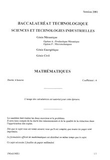 Mathématiques options A et F 2001 S.T.I (Génie Energétique) Baccalauréat technologique