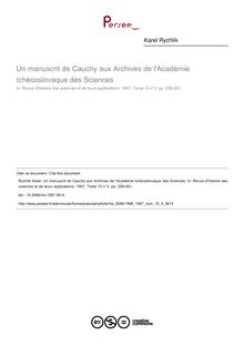 Un manuscrit de Cauchy aux Archives de l Académie tchécoslovaque des Sciences - article ; n°3 ; vol.10, pg 259-261