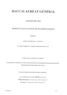 Mathématiques Spécialité 2004 Littéraire Baccalauréat général