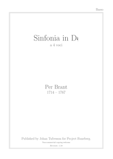 Partition violoncelle / Basso, Sinfonia en D en 4 voix, Brant, Per