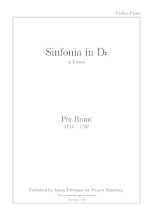 Partition violon 1, Sinfonia en D en 4 voix, Brant, Per