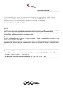Apprentissage et culture informatique : l approche du Centre Mondial de l Informatique et Ressource Humaine - article ; n°1 ; vol.38, pg 49-54