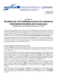 Mai 2013 - Excédent de 15,2 milliards d’euros du commerce international de biens de la zone euro (16/07/2013)