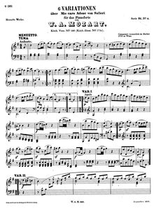 Partition complète, 6 Variations on Mio caro adone, Variationen über ein Thema aus dem Finale zum 2. Akt der Oper La fiera di Venezia von Antonio Salieri par Wolfgang Amadeus Mozart