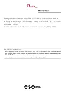 Marguerite de France, reine de Navarre et son temps Actes du Colloque d Agen (12-13 octobre 1991). Préface de Cl.-G. Dubois et de M. Lazard.  ; n°1 ; vol.44, pg 148-150