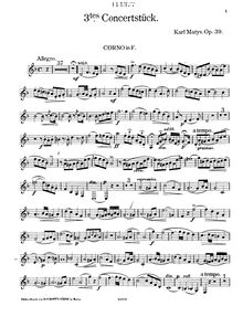 Partition cor , partie en F, Konzertstück No.3, Op.39, G minor, Matys, Karl