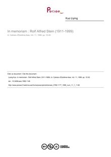In memoriam : Rolf Alfred Stein (1911-1999) - article ; n°1 ; vol.11, pg 10-30