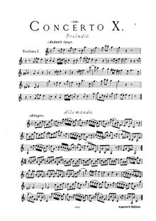 Partition violons I (ripieno), concerts Grossi con duoi Violini e violoncelle di Concertino obligati e duoi altri Violini, viole de gambe e Basso di Concerto Grosso ad arbitrio, che si potranno radoppiare