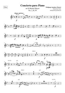 Partition hautbois 1/2, Piano Concerto No.2, B♭ major, Mozart, Wolfgang Amadeus