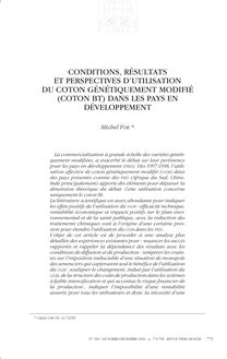 Conditions, résultats et perspectives d utilisation du coton génétiquement modifié (coton Bt) dans les PED - article ; n°188 ; vol.47, pg 773-798