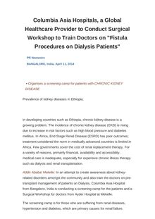 Columbia Asia Hospitals, a Global Healthcare Provider to Conduct Surgical Workshop to Train Doctors on "Fistula Procedures on Dialysis Patients"