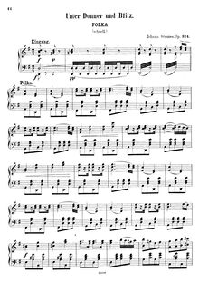 Partition Transcription pour piano solo - complete, Thunder et Lightning, Op.324 (Unter Donner und Blitz) par Johann Strauss Jr.