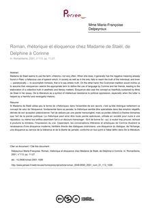 Roman, rhétorique et éloquence chez Madame de Staël, de Delphine à Corinne - article ; n°113 ; vol.31, pg 11-27