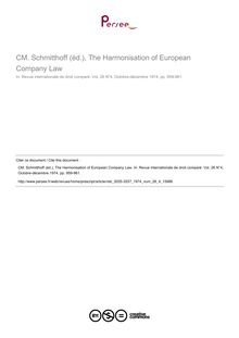 CM. Schmitthoff (éd.), The Harmonisation of European Company Law - note biblio ; n°4 ; vol.26, pg 959-961