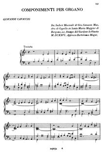 Partition Toccata, Componimenti per Organo, Cavaccio, Giovanni