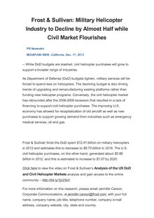Frost & Sullivan: Military Helicopter Industry to Decline by Almost Half while Civil Market Flourishes