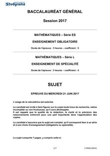 Sujet Bac ES, L 2017 - Mathématiques