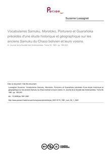 Vocabulaires Samuku, Morotoko, Porturero et Guarañoka précédés d une étude historique et géographique sur les anciens Samuku du Chaco bolivien et leurs voisins.  - article ; n°1 ; vol.50, pg 185-243