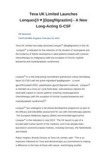 Teva UK Limited Launches Lonquex[®▼](lipegfilgrastim) - A New Long-Acting G-CSF