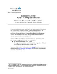 LA PRÉPARATION AU TEST DE FRANÇAIS D ADMISSION