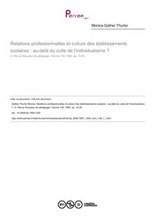 Relations professionnelles et culture des établissements scolaires : au-delà du culte de l individualisme ? - article ; n°1 ; vol.109, pg 19-39