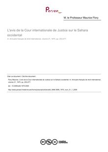 L avis de la Cour internationale de Justice sur le Sahara occidental - article ; n°1 ; vol.21, pg 253-277